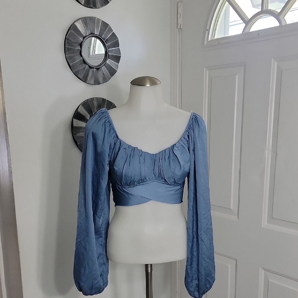 Winsor Ruched Blue Crop Back Tie Flounce Long Sleeve Women's Top XS